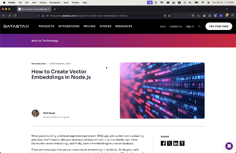 An animation that shows browsing a blog post on my personal site. You can see the content, but also the header navigation and the sidebar, which are irrelevant for RAG. Clicking on reader mode strips away the site design and all the extra content leaving just the article.