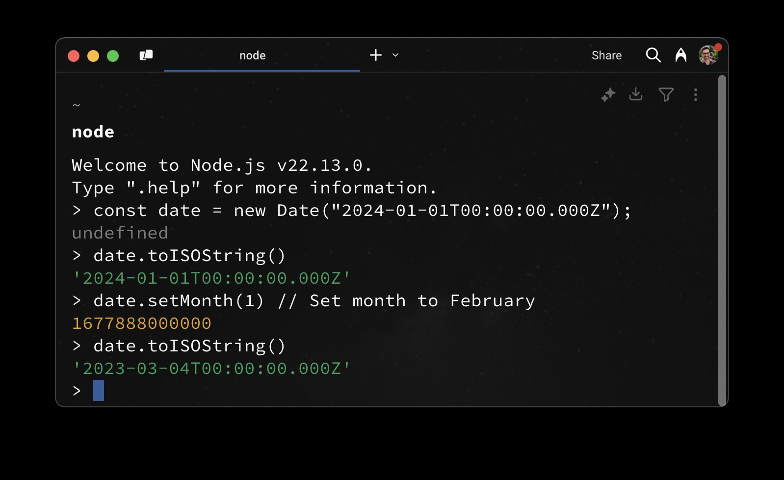 A terminal window shows a JavaScript REPL. The code creates a date on the 1st January, 2024, then adds a month to the date. The result is 4th March, 2023.