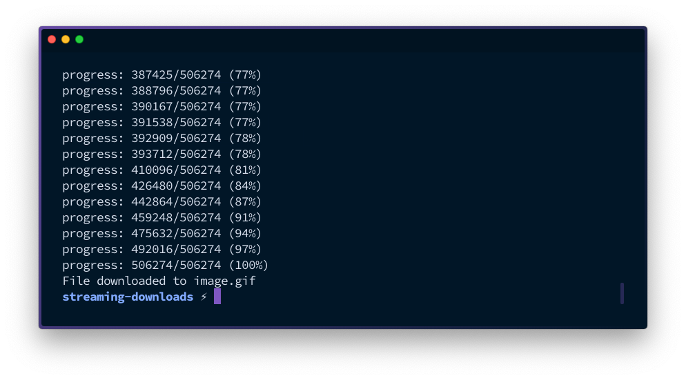 Running the code shows the download progress up to 100% then displays that the image has been downloaded.