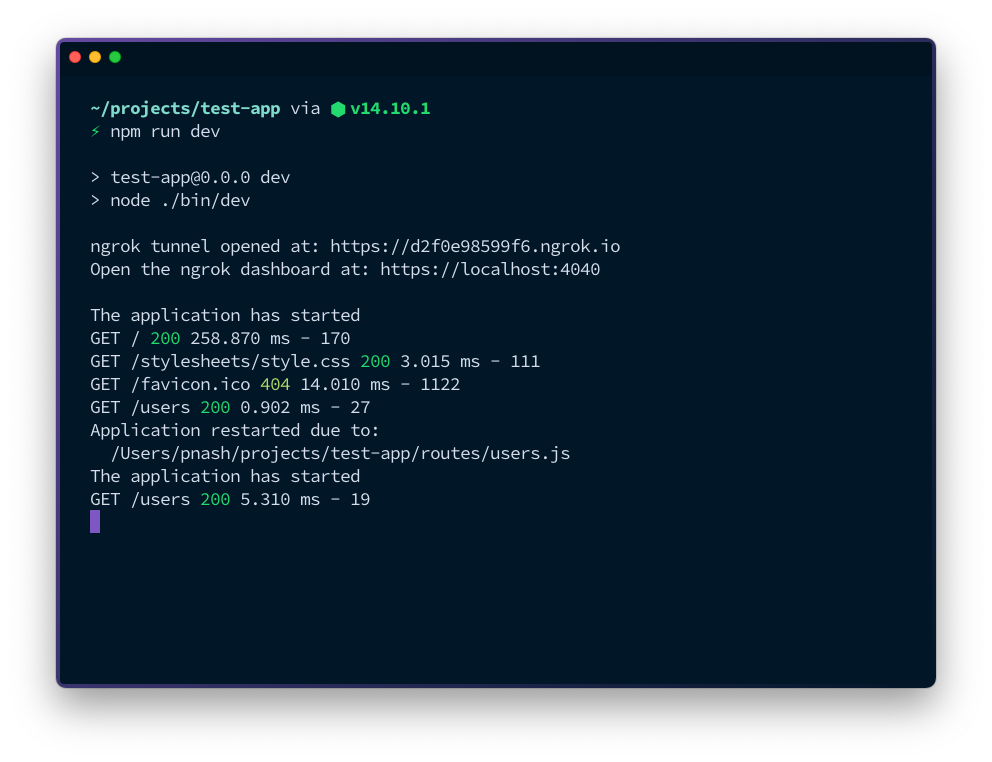 A terminal window showing the application running with both nodemon and ngrok. The logs show that some pages have been visited, then one of the routes changed and the app was reloaded.